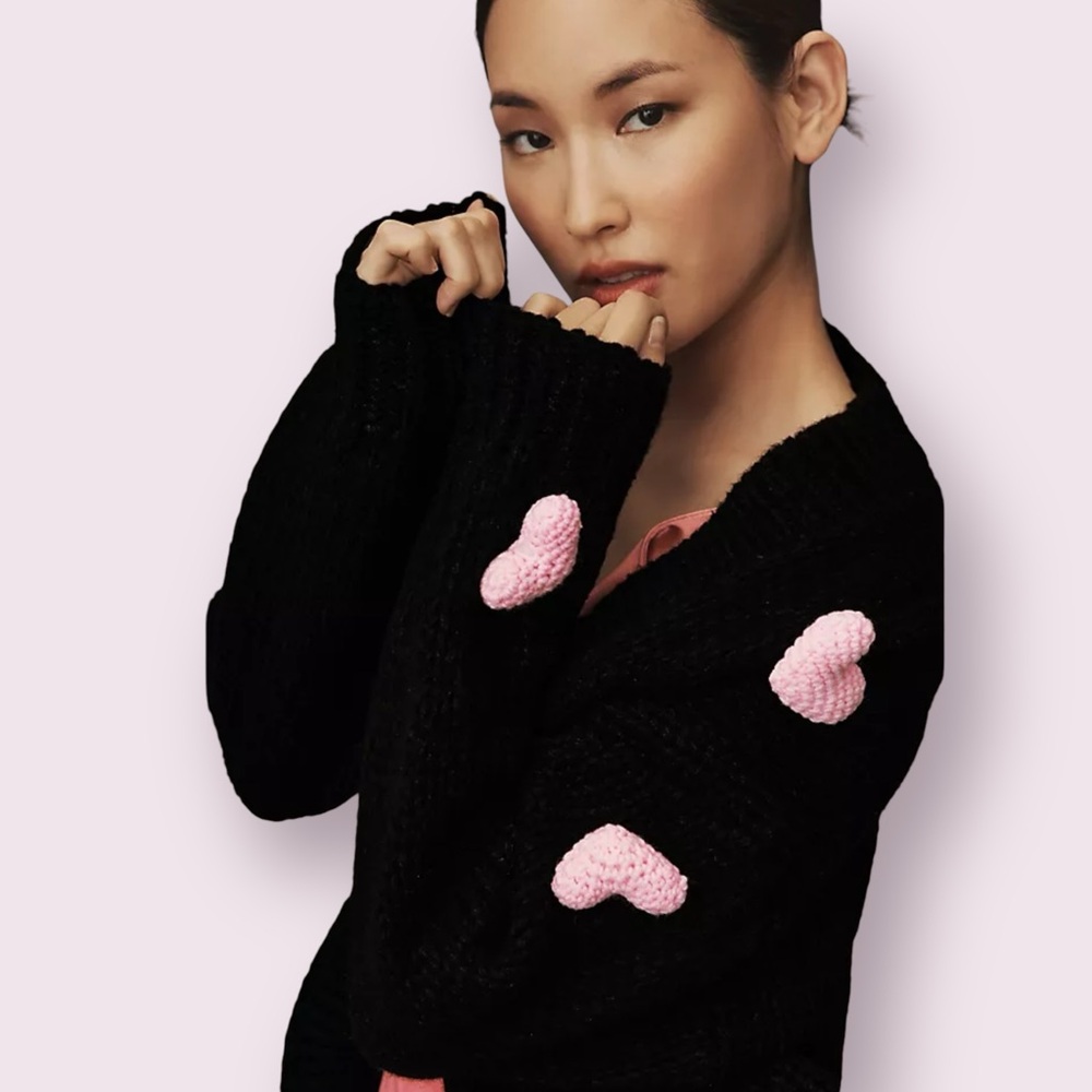 Anthropologie Black Sweater with Pink Heart Accents, one size